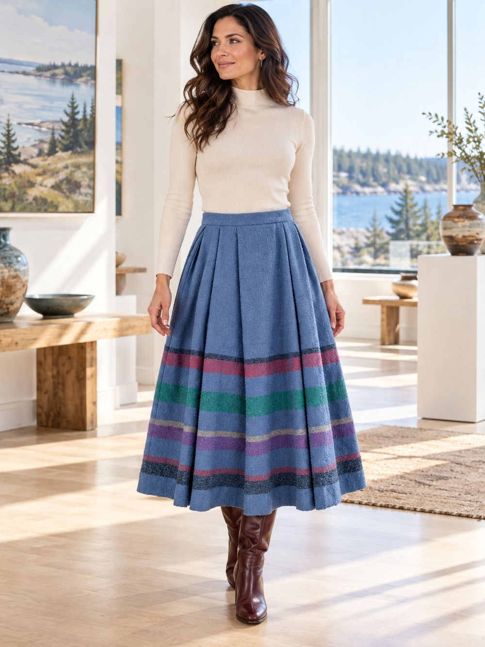 Vintage Madawaska Weavers Handwoven Wool Pleated Midi Skirt 29" Waist